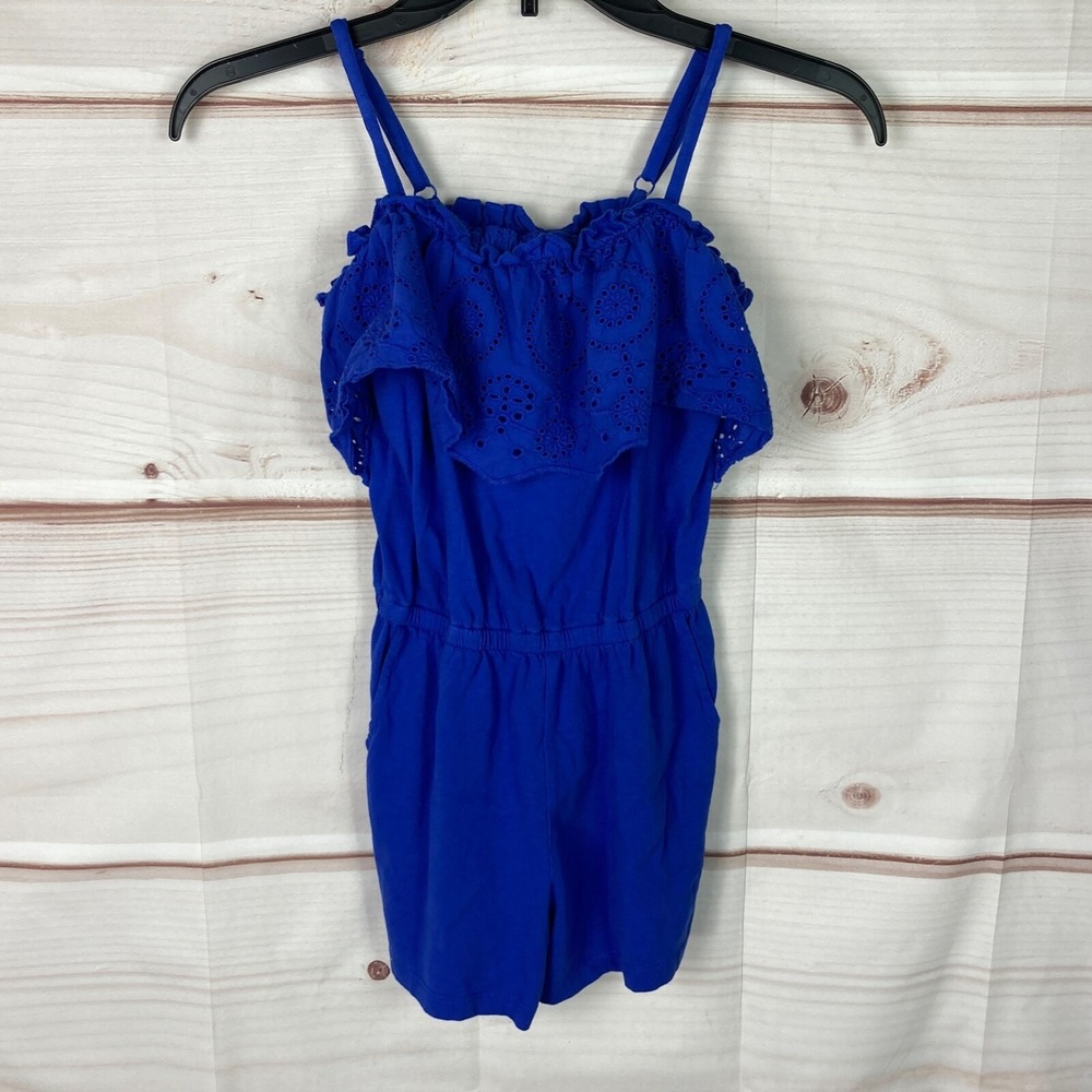 Cat & Jack Romper Girls‎ M Blue Crochet Trim Cotton Knit Spaghetti Strap Pockets